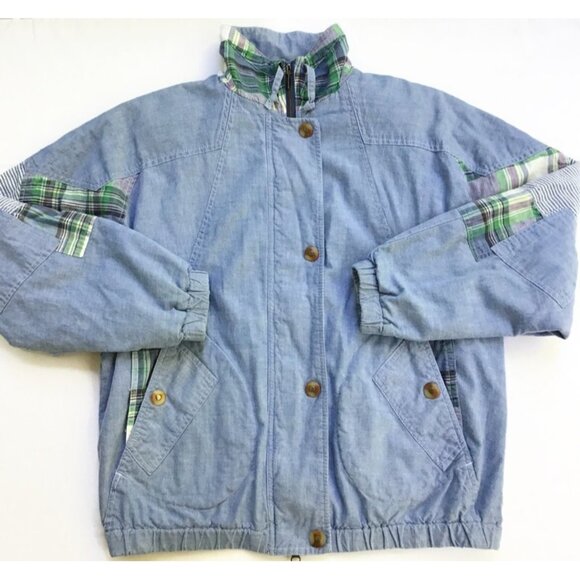 Vintage 90s London Fog Patchwork Plaid Jacket Womens M Blue Chambray Bomber Coat - Picture 1 of 14